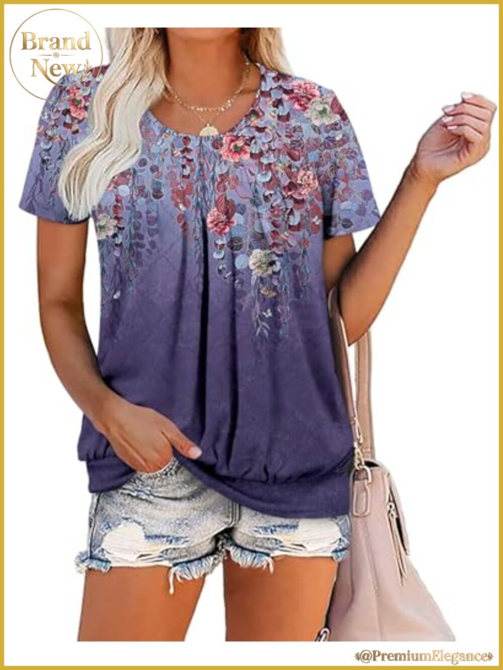 Women's Short Sleeve Tunic Top Scoop Neck Loose Fit Summer Blouse Pleated